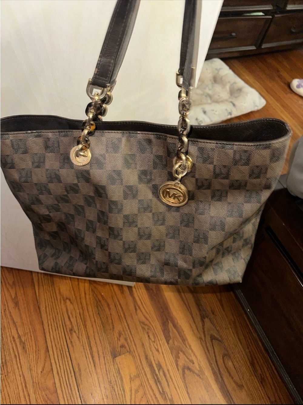 Michael Kors Brown Checkered Tote with Gold Logo Charm